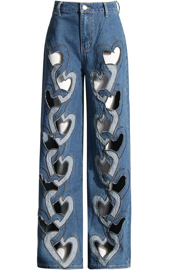 Bottoms For Women - Milena Heart Cut Out Denim Blue - FancyPants