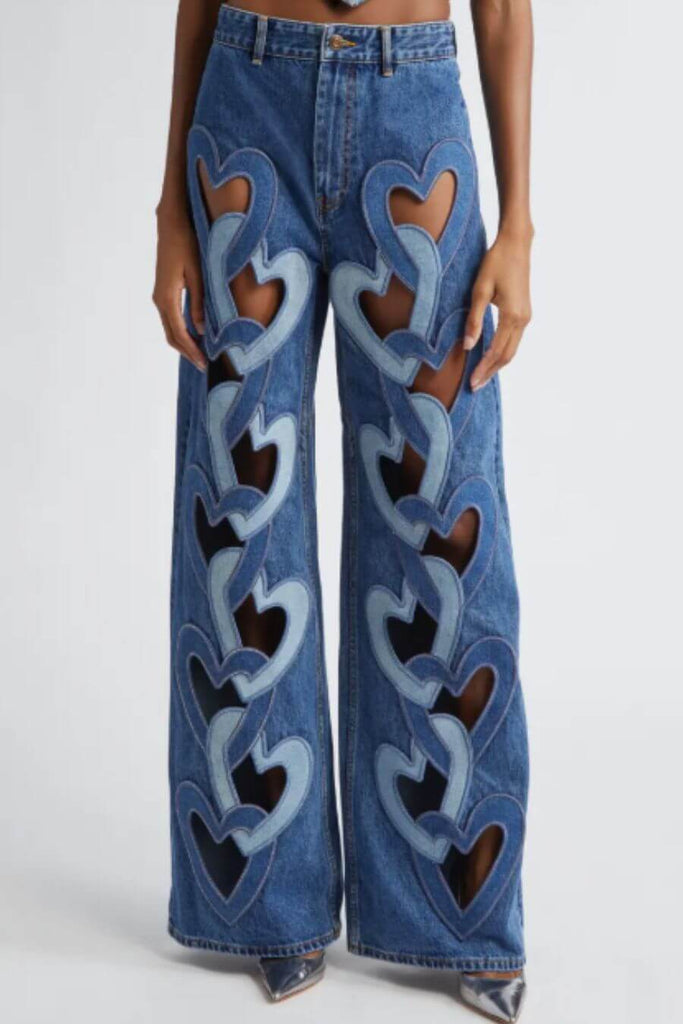 Bottoms For Women - Milena Heart Cut Out Denim Blue - FancyPants